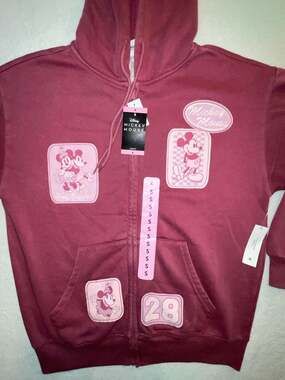 Disney Mickey Mouse Graphic Patch Maroon Zip-Up Hoodie
